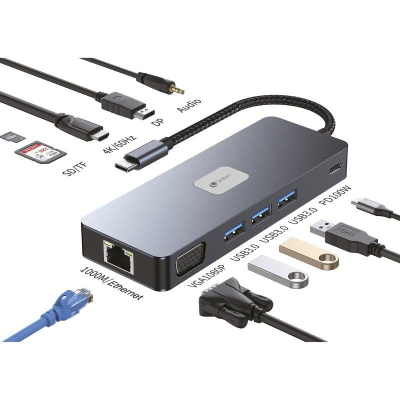 Docking USB Tipo-C Leotec LEDS03/ 3xUSB/ 1xUSB Tipo-C PD/ 1xHDMI 4K/ 1 xDisplayPort/ 1xVGA/ 1xAudio/ 1xRJ45/ 1xLector Ta