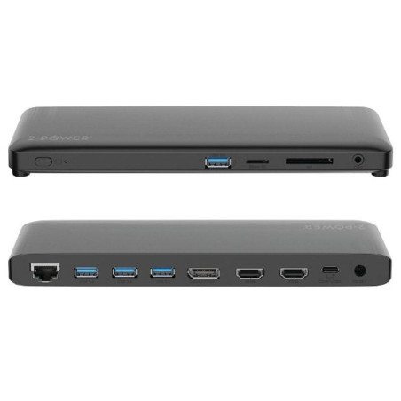 Docking USB Tipo-C 2-Power DOC0117A/ 4xUSB/ 1xUSB Tipo-C PD/ 2xHDMI/ 1xDisplayPort/ 1xJack/ 1xRJ45/ 1xLector Tarjetas SD