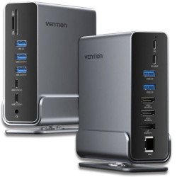 Docking USB Tipo-C Vention TPUH0/ 2xHDMI/ 1xDisplayPort/ 3xUSB Tipo-C/ 5xUSB/ 1xRJ45/ 1xLector de Tarjetas/ 1xJack 3.5/